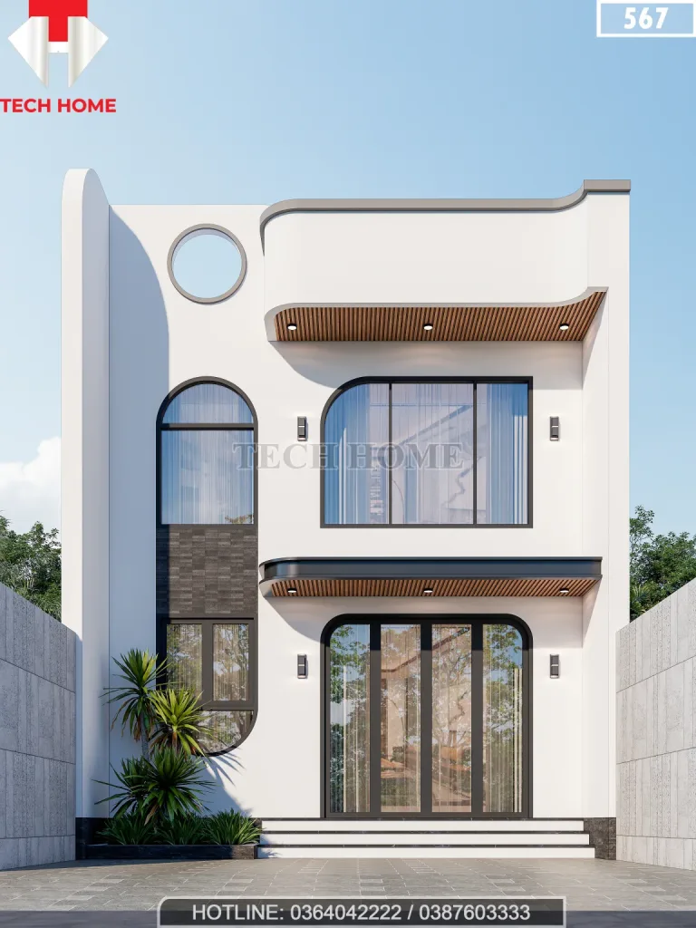 Phối cảnh mặt tiền mẫu nhà mái bằng 2 tầng phong cách tối giản tone trắng thanh lịch.