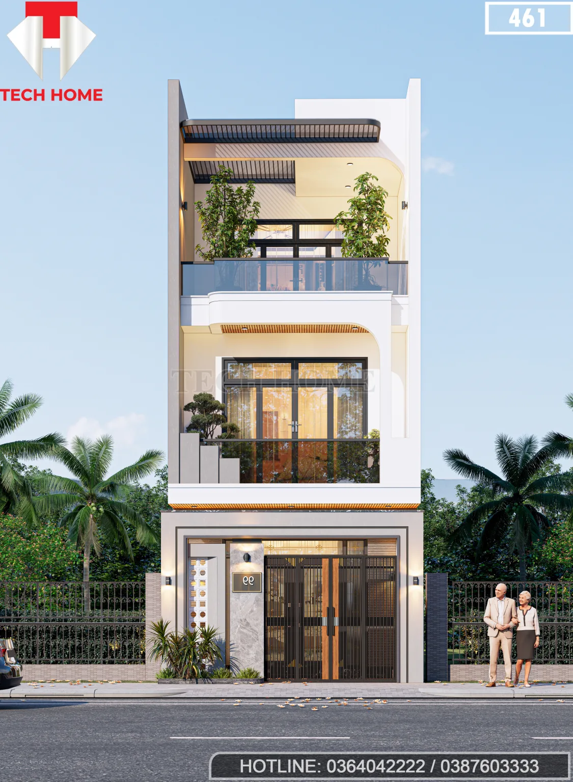 Không gian sống mở của mẫu nhà mái bằng 3 tầng hiện đại với hệ ban công kính cường lực, trần ốp gỗ nhựa ấm áp và giàn pergola bắt mắt.