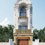 Mặt tiền đẳng cấp của mẫu nhà mái bằng 3 tầng tân cổ điển với hệ cột trụ vững chãi, phào chỉ đắp nổi và mái sảnh vòm cao vút.