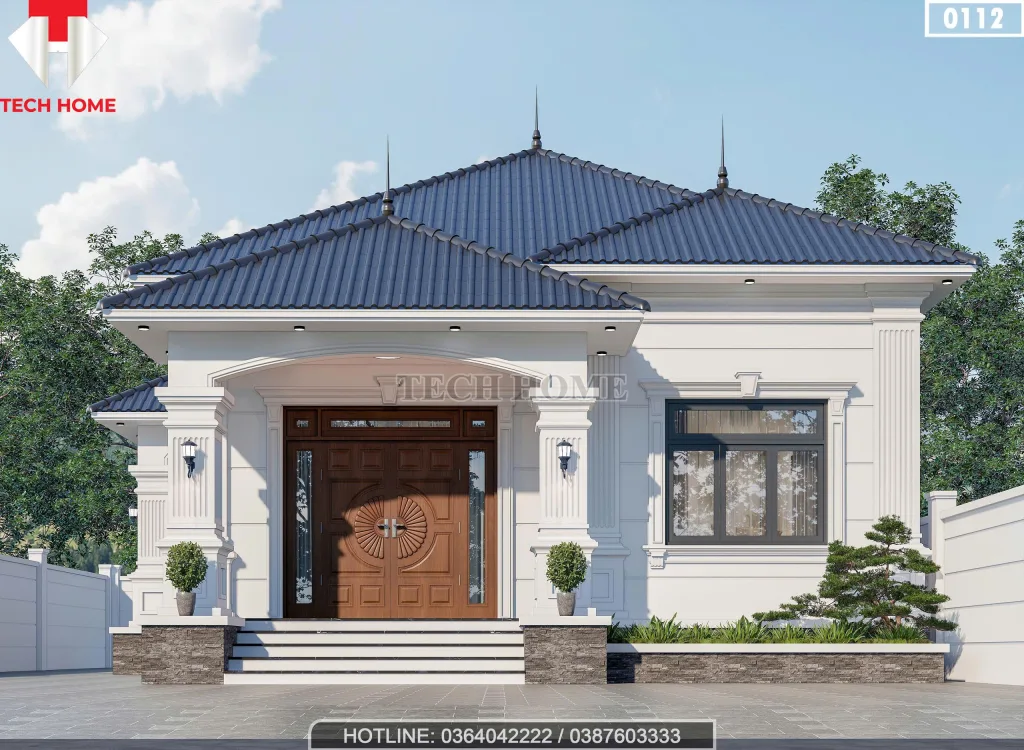 Phối cảnh mặt tiền mẫu nhà mái Nhật 1 tầng 3 phòng ngủ hiện đại với hệ cột vững chãi tại Hưng Yên.