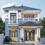 Mẫu nhà 2 tầng mái nhật hiện đại mặt tiền 8m màu xanh trắng trẻ trung.