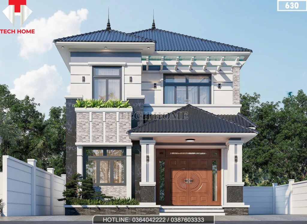 Phối cảnh mặt tiền mẫu nhà mái Nhật 2 tầng đẹp hiện đại rộng 8m tại Lạng Sơn.