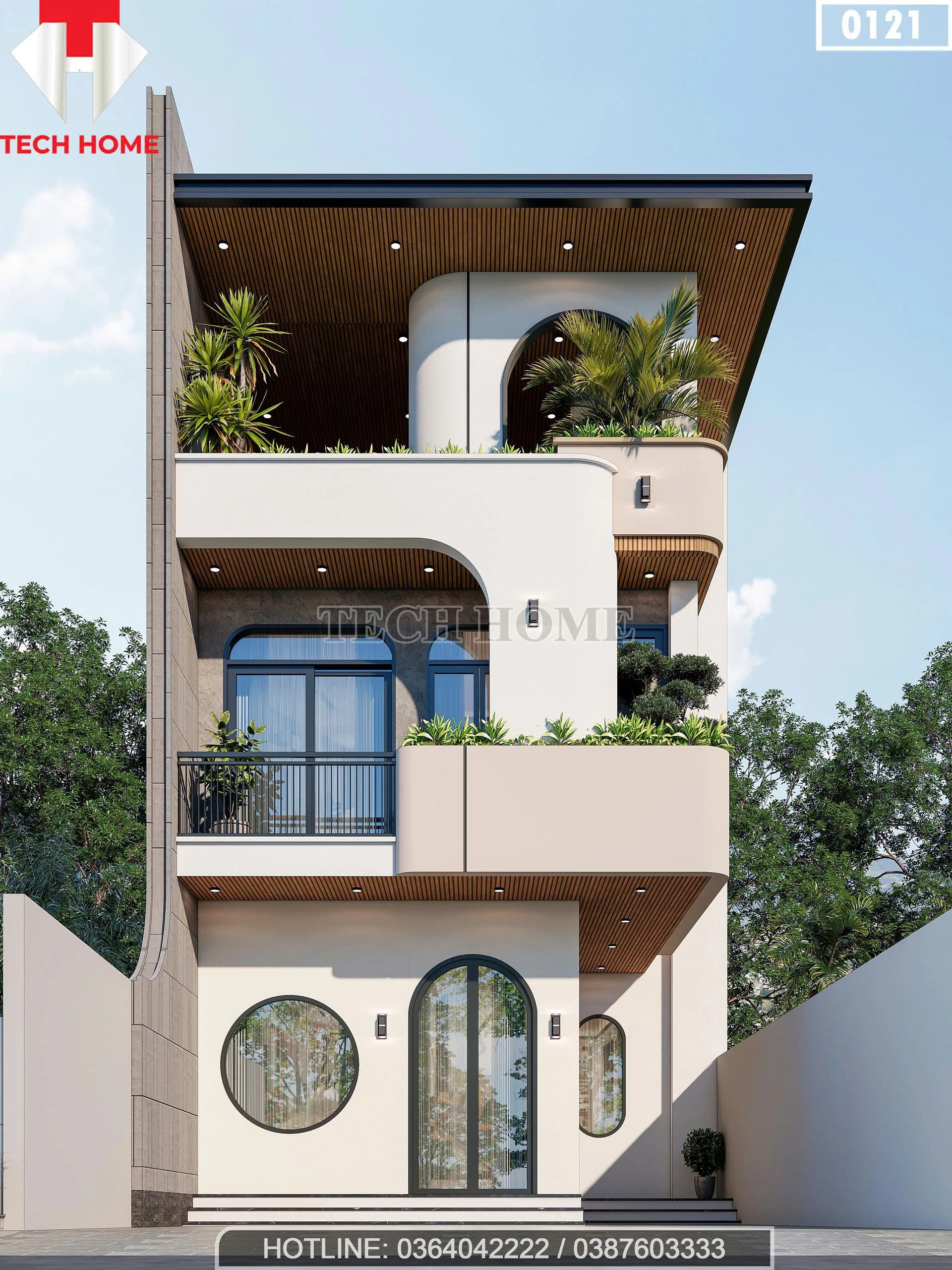 Phối cảnh mặt tiền mẫu nhà ống 2 tầng 1 tum hiện đại phá cách với đường cong tại Phú Thọ.