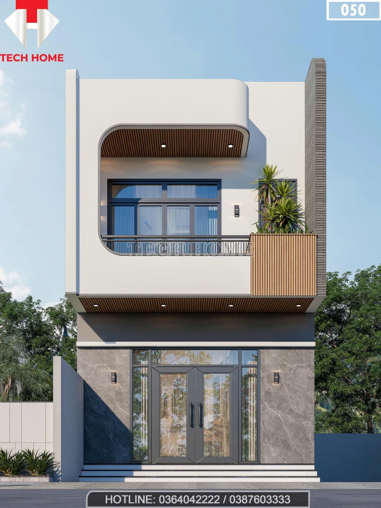 Phối cảnh chính diện mẫu nhà ống 2 tầng hiện đại sang trọng tại Quỳnh Phụ, Hưng Yên.