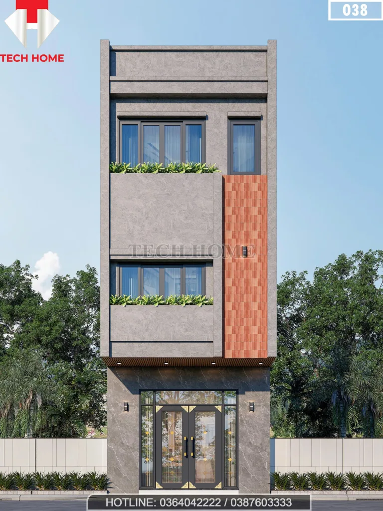 Phối cảnh mặt tiền chính diện mẫu nhà ống 3 tầng đẹp hiện đại của anh Hoàng tại Hưng Yên.