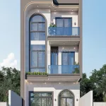 Phối cảnh mặt tiền mẫu nhà ống 3 tầng hiện đại đường nét vòm mềm mại tại Ninh Bình.