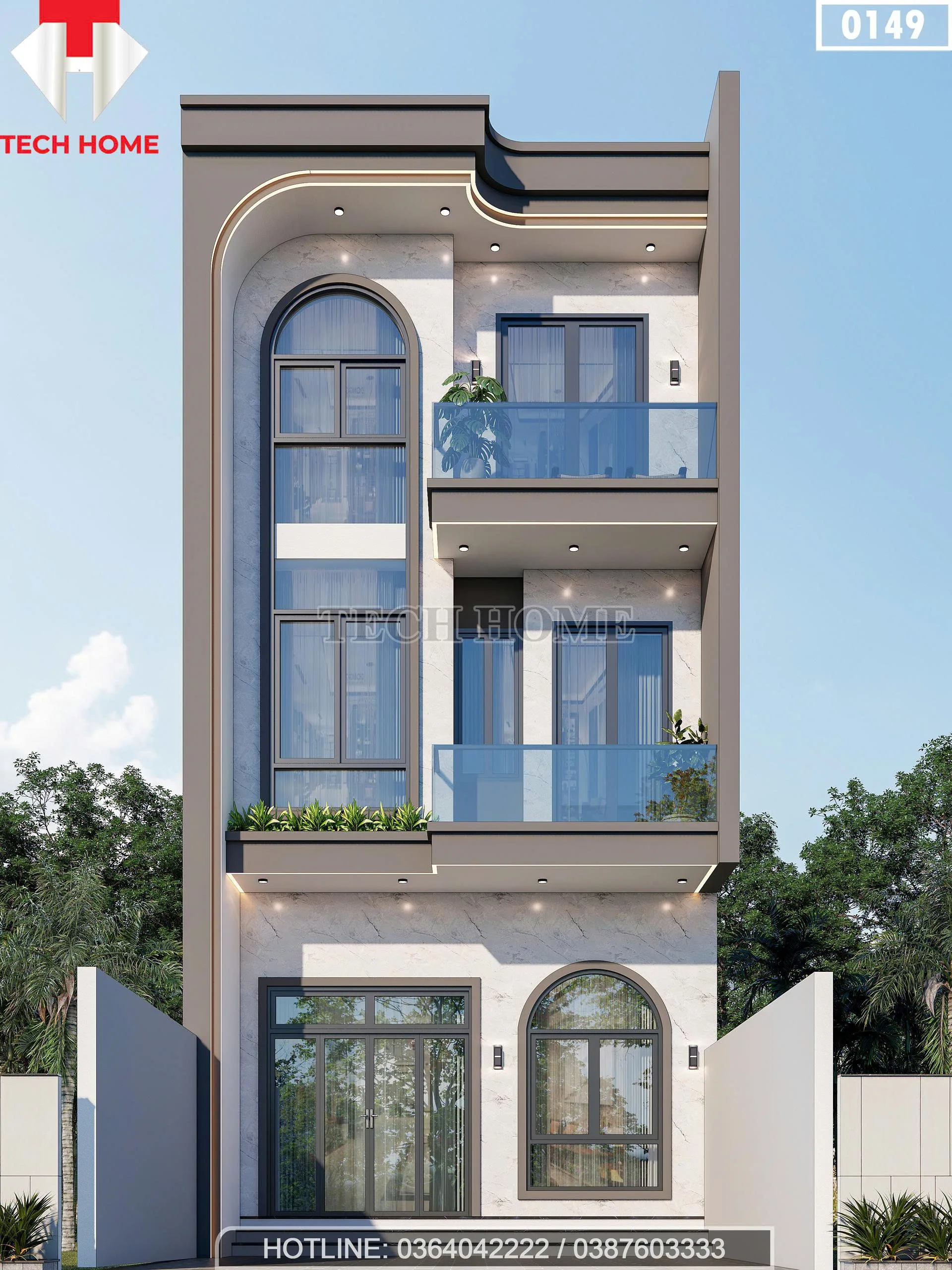 Phối cảnh mặt tiền mẫu nhà ống 3 tầng hiện đại đường nét vòm mềm mại tại Ninh Bình.