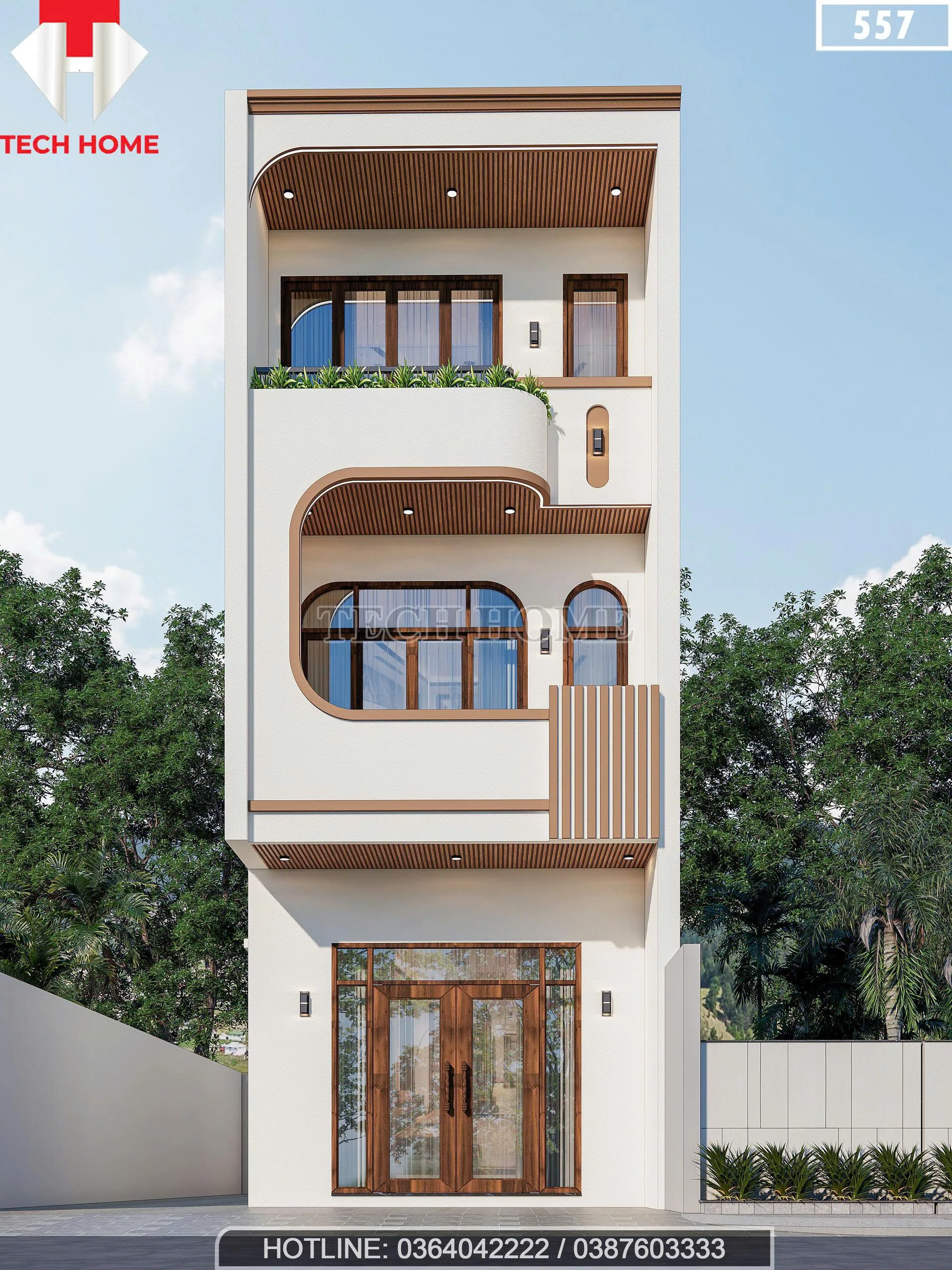 Phối cảnh mặt tiền mẫu nhà ống 3 tầng hiện đại đường cong tinh tế của anh Trường tại Hưng Yên.