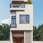 Phối cảnh mặt tiền mẫu nhà ống 3 tầng hiện đại sử dụng gạch kính và nhựa giả gỗ đẹp tại Nghi Sơn, Thanh Hóa.