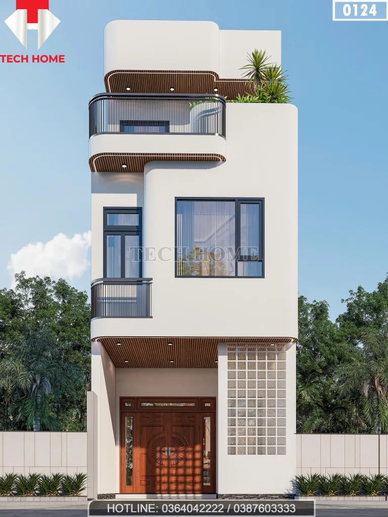 Phối cảnh mặt tiền mẫu nhà ống 3 tầng hiện đại sử dụng gạch kính và nhựa giả gỗ đẹp tại Nghi Sơn, Thanh Hóa.