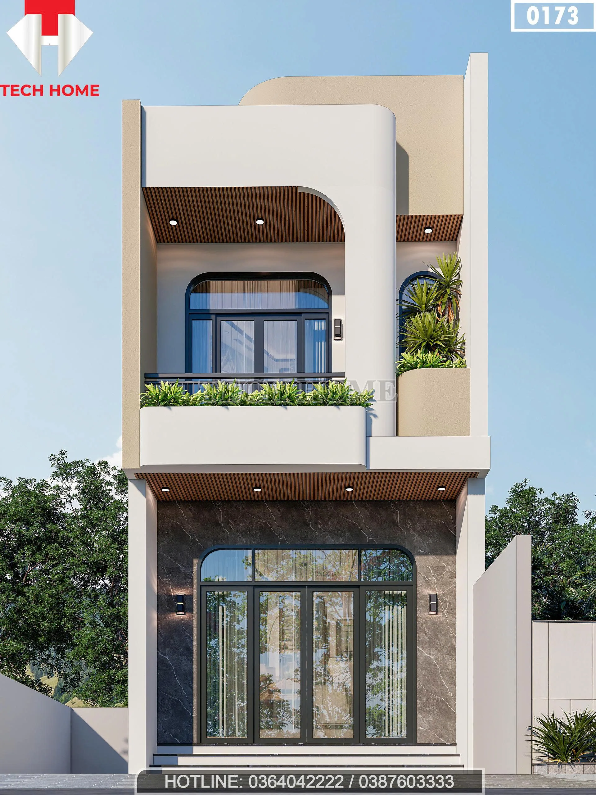 Phối cảnh mặt tiền chính diện mẫu nhà phố 2 tầng hiện đại đường cong tinh tế tại Hưng Yên.