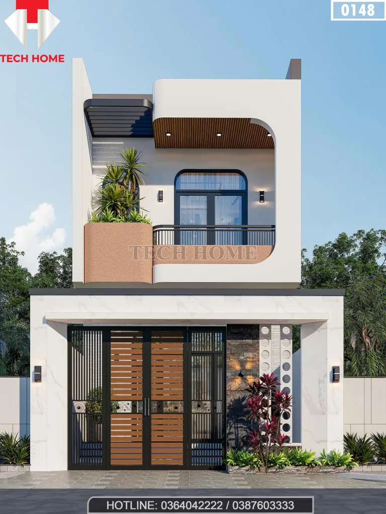Tổng thể mặt trước mẫu nhà phố 2 tầng hiện đại