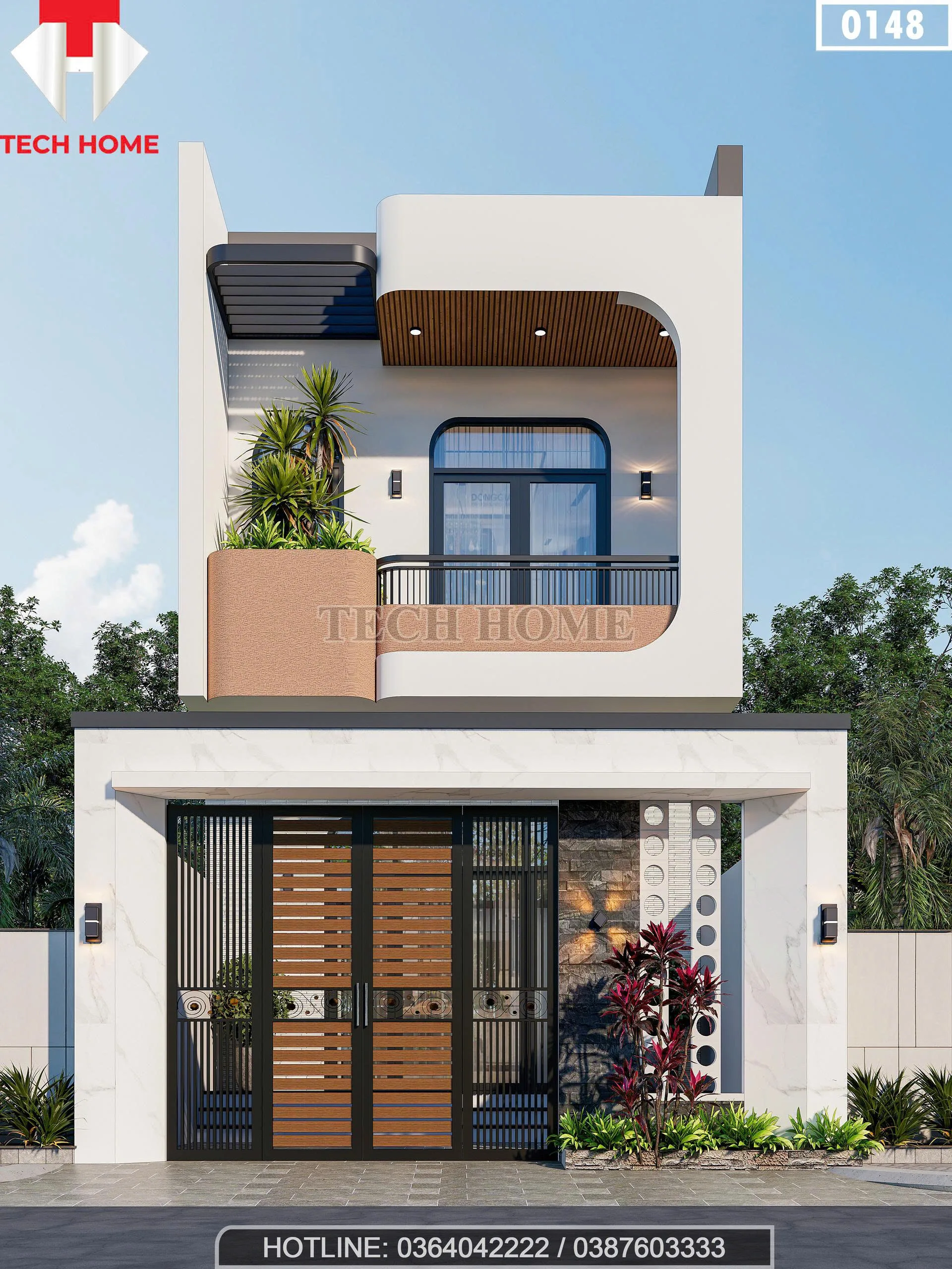 Tổng thể mặt trước mẫu nhà phố 2 tầng hiện đại