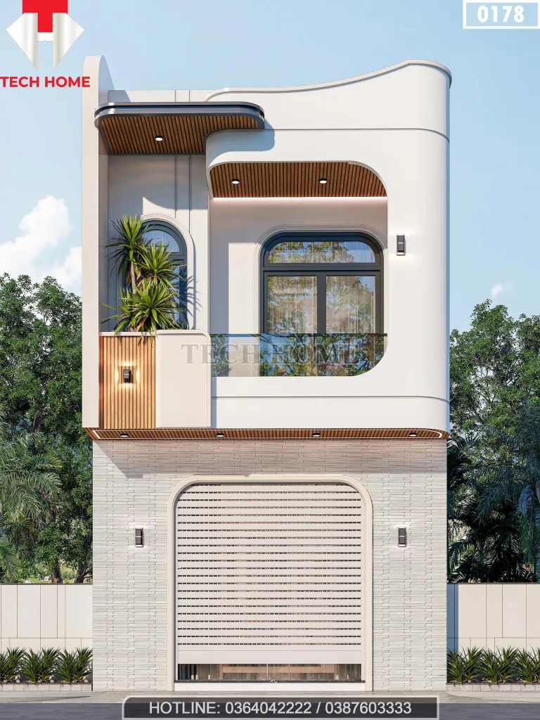 Phối cảnh mặt tiền mẫu nhà phố 2 tầng hiện đại uốn vòm độc đáo của anh Hùng tại Mê Linh.