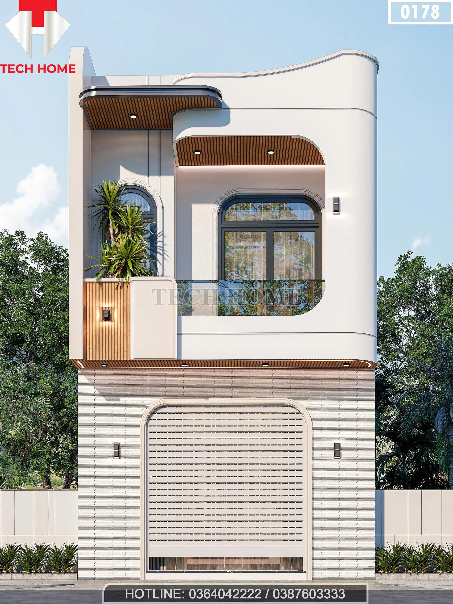 Phối cảnh mặt tiền mẫu nhà phố 2 tầng hiện đại uốn vòm độc đáo của anh Hùng tại Mê Linh.