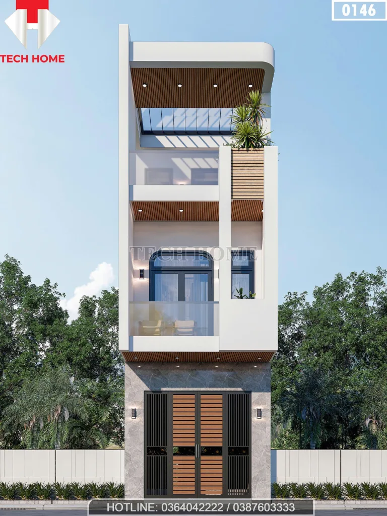 Phối cảnh mặt tiền chính diện mẫu nhà phố 3 tầng hiện đại diện tích 4x18m tại Bắc Giang.