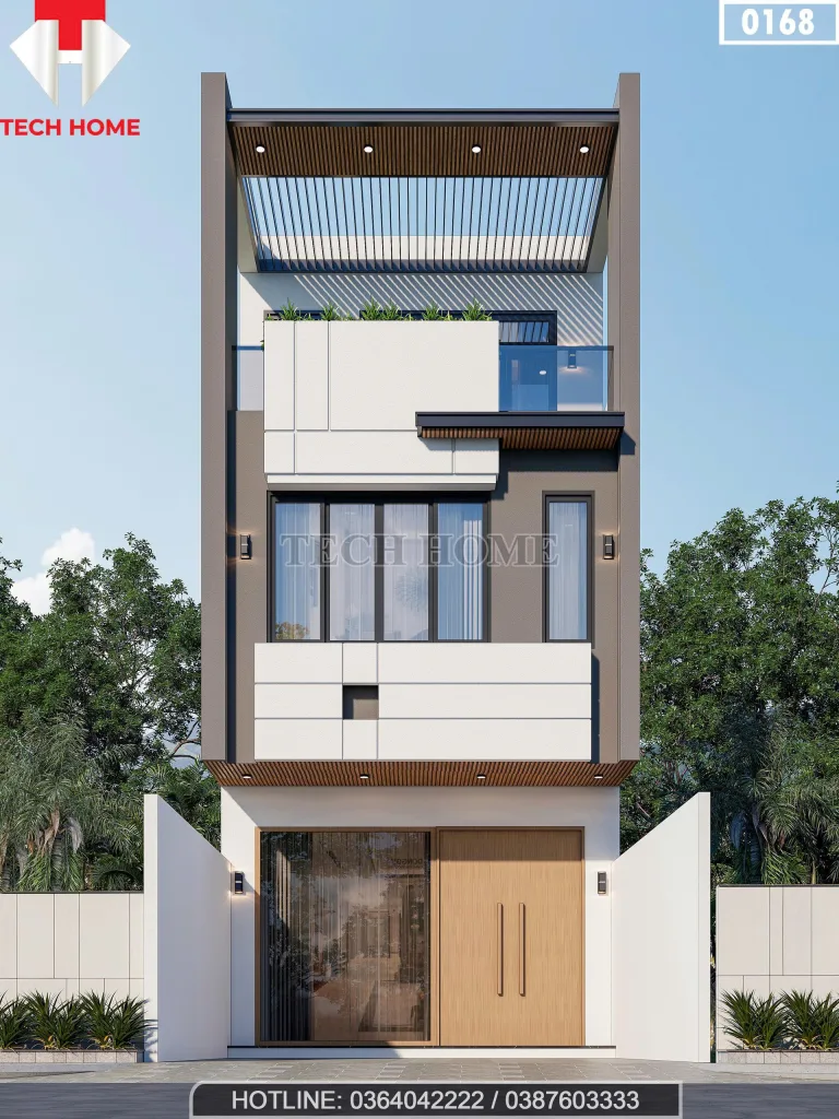 Phối cảnh chính diện mẫu nhà phố 3 tầng hiện đại mặt tiền 5m sang trọng tại Hòa Xá Hà Nội.