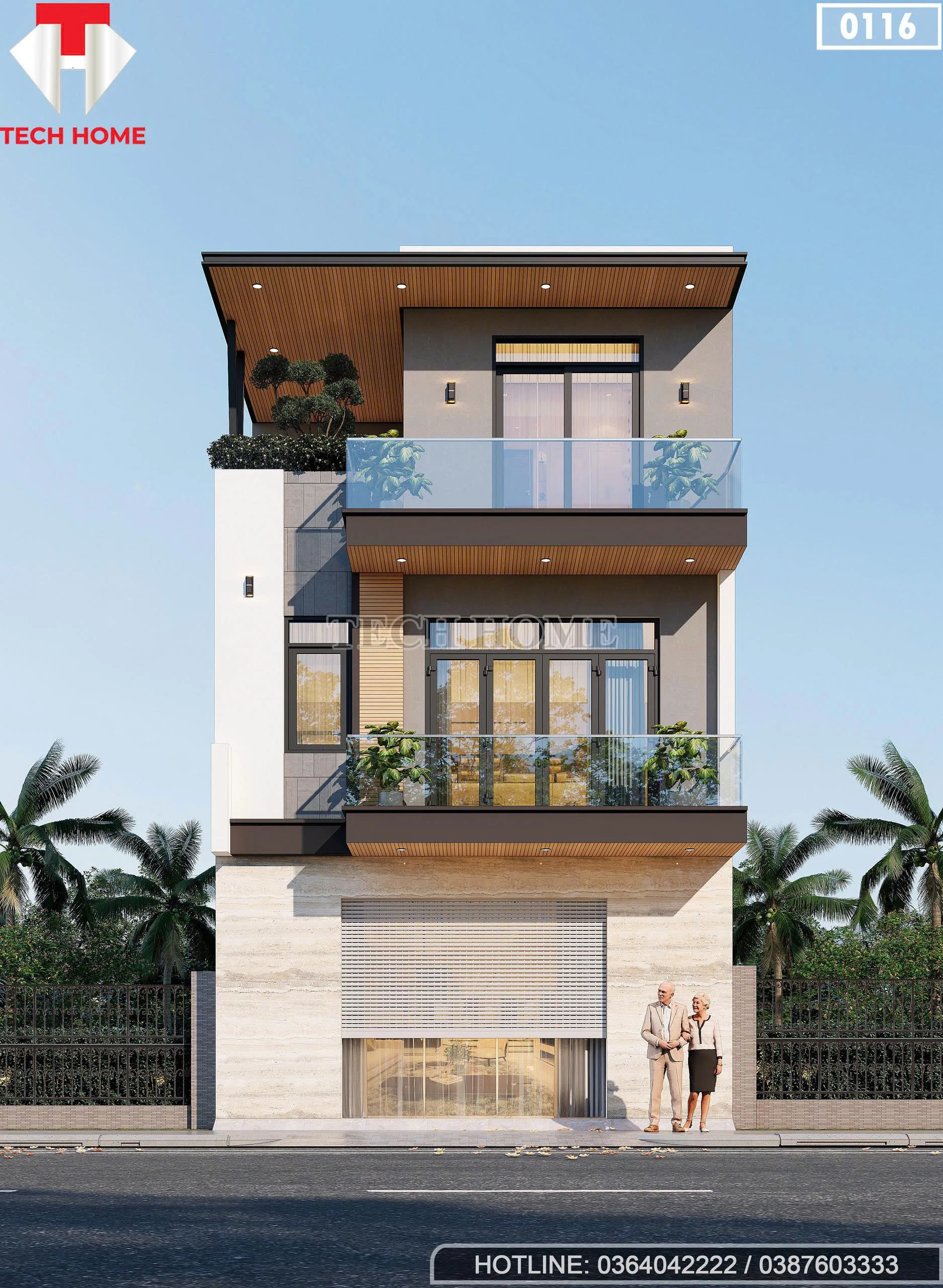 Phối cảnh mặt tiền mẫu nhà phố 3 tầng hiện đại kết hợp kinh doanh tại Ninh Bình.