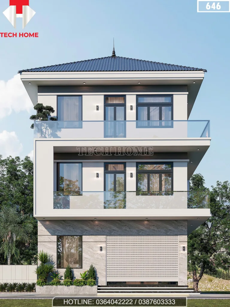 Phối cảnh mặt tiền mẫu nhà phố 3 tầng mái Nhật hiện đại tại Chí Linh Hải Dương.