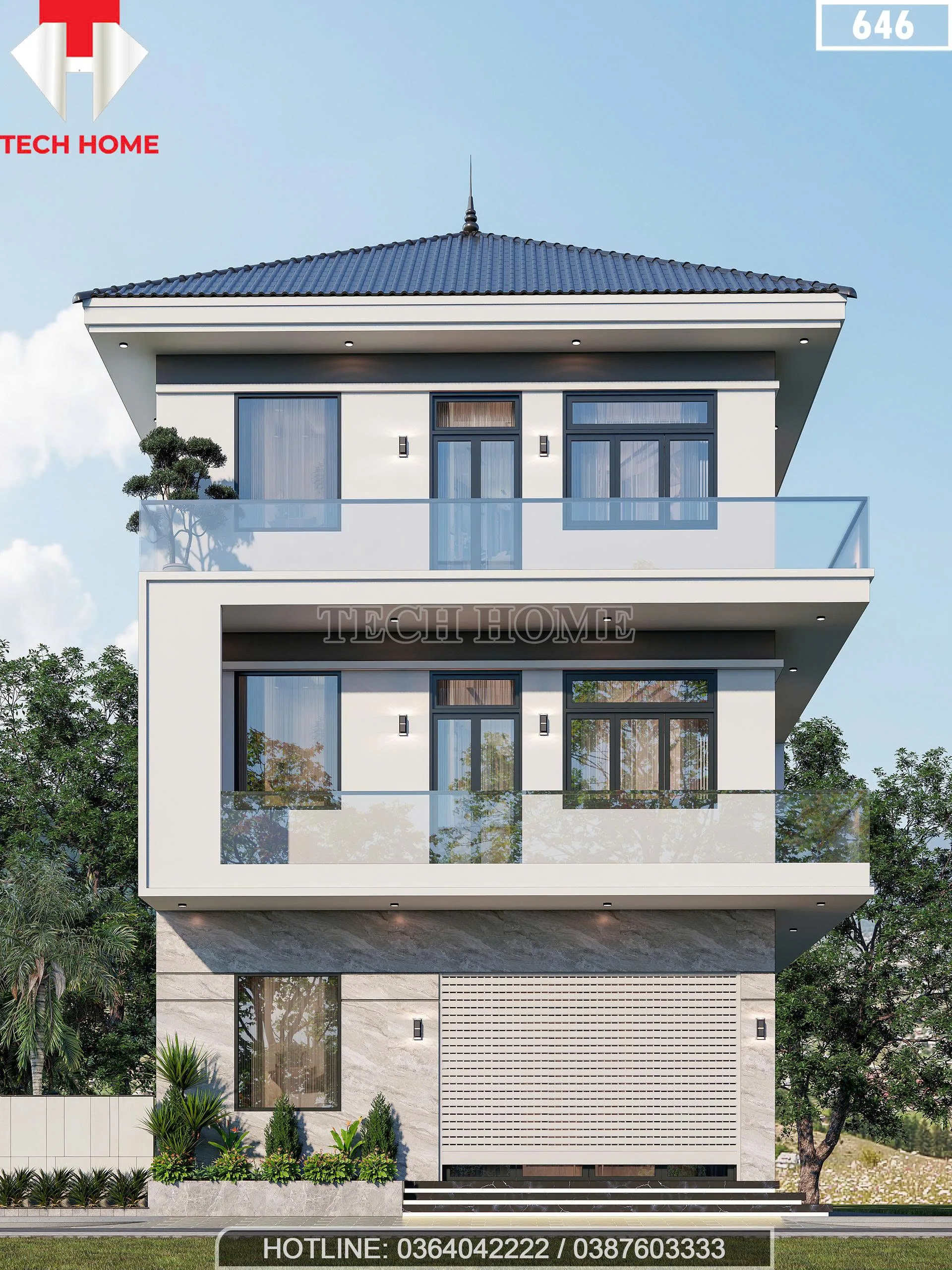 Phối cảnh mặt tiền mẫu nhà phố 3 tầng mái Nhật hiện đại tại Chí Linh Hải Dương.