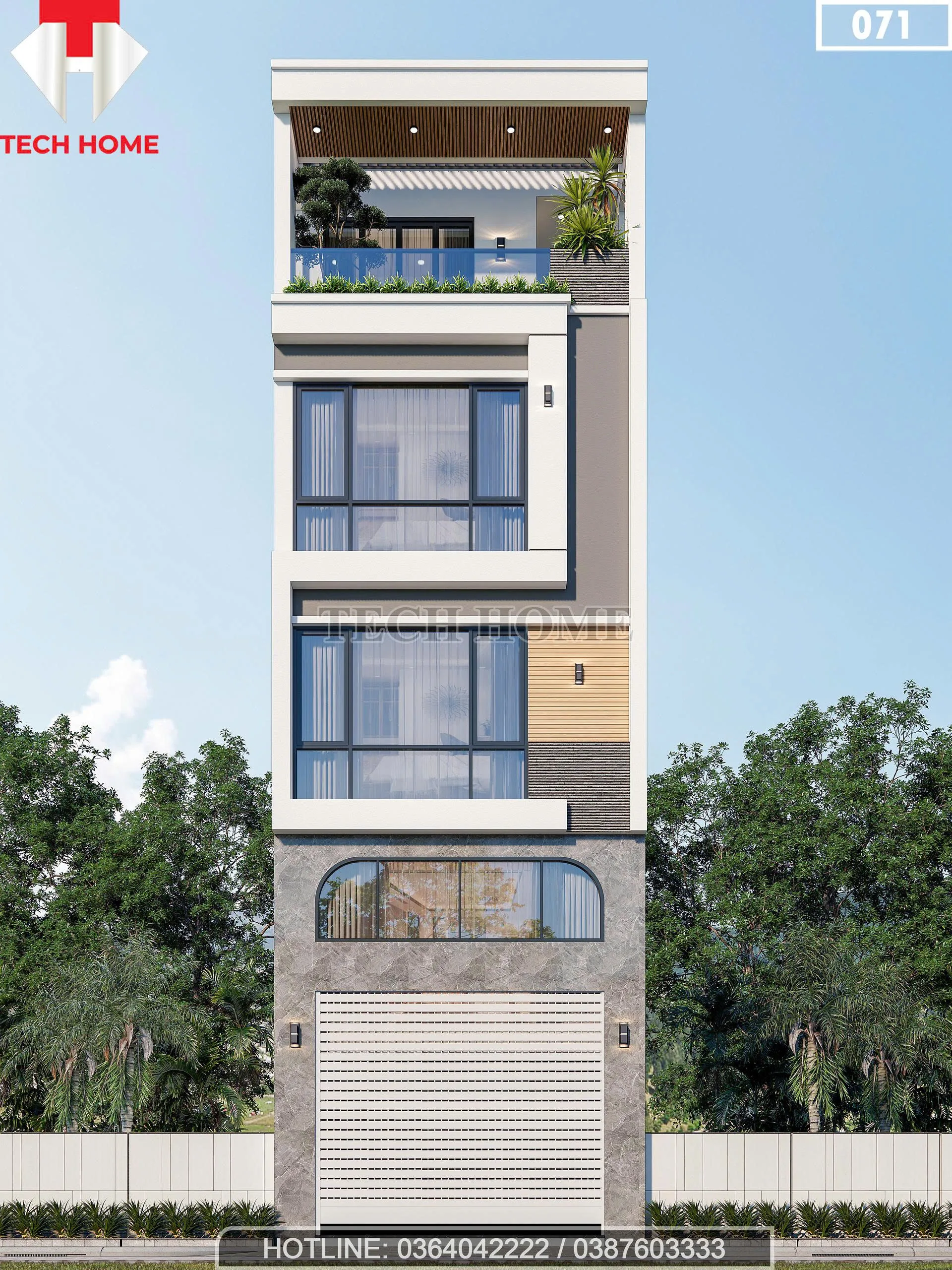 Phối cảnh mặt tiền mẫu nhà phố 4 tầng có gác lửng hiện đại mặt tiền 5m tại Đông Anh, Hà Nội.