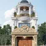 Phối cảnh mặt tiền mẫu nhà phố tân cổ điển 2 tầng 1 tum mặt tiền 6m sang trọng tại Ninh Bình.