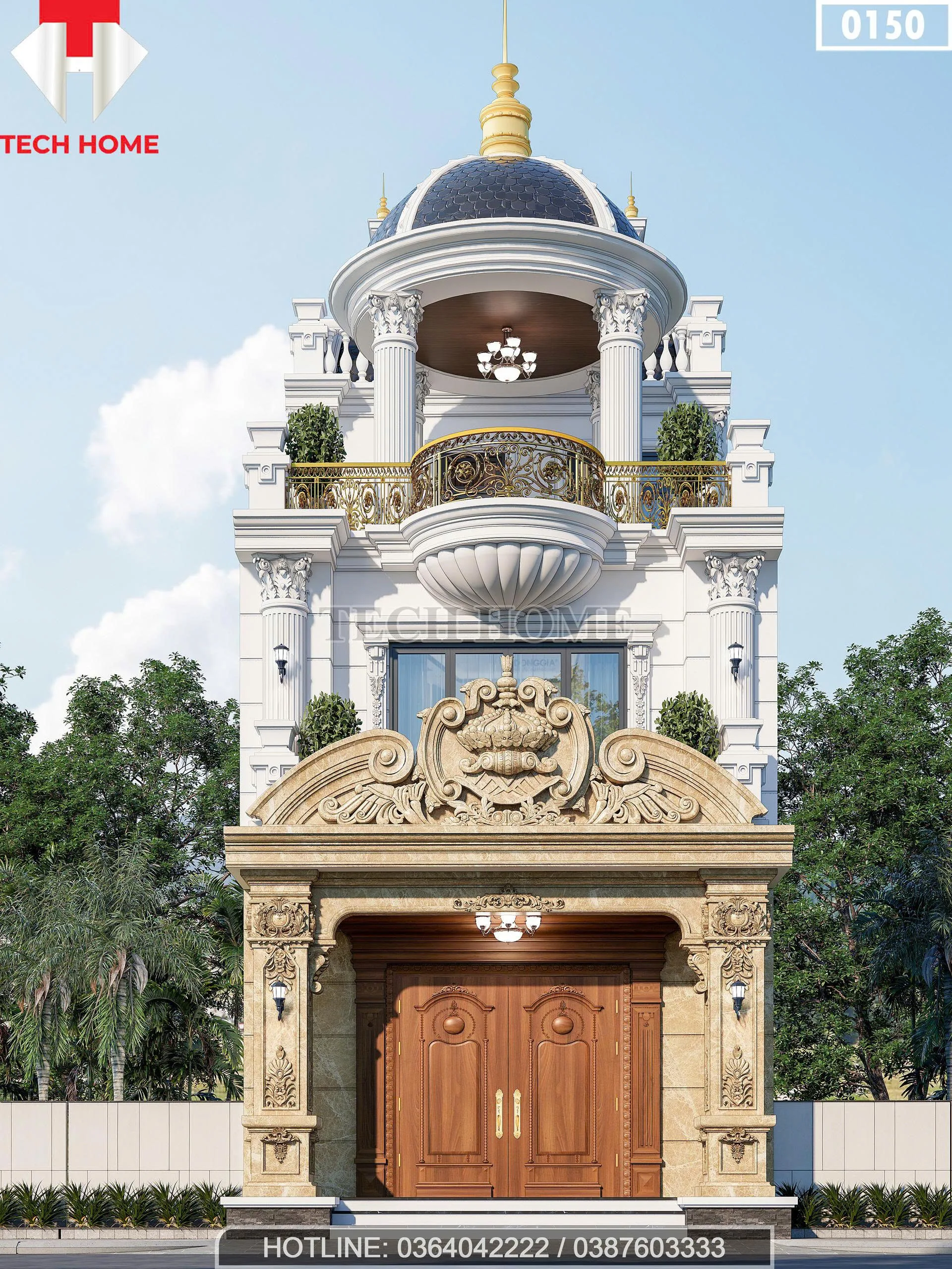 Phối cảnh mặt tiền mẫu nhà phố tân cổ điển 2 tầng 1 tum mặt tiền 6m sang trọng tại Ninh Bình.