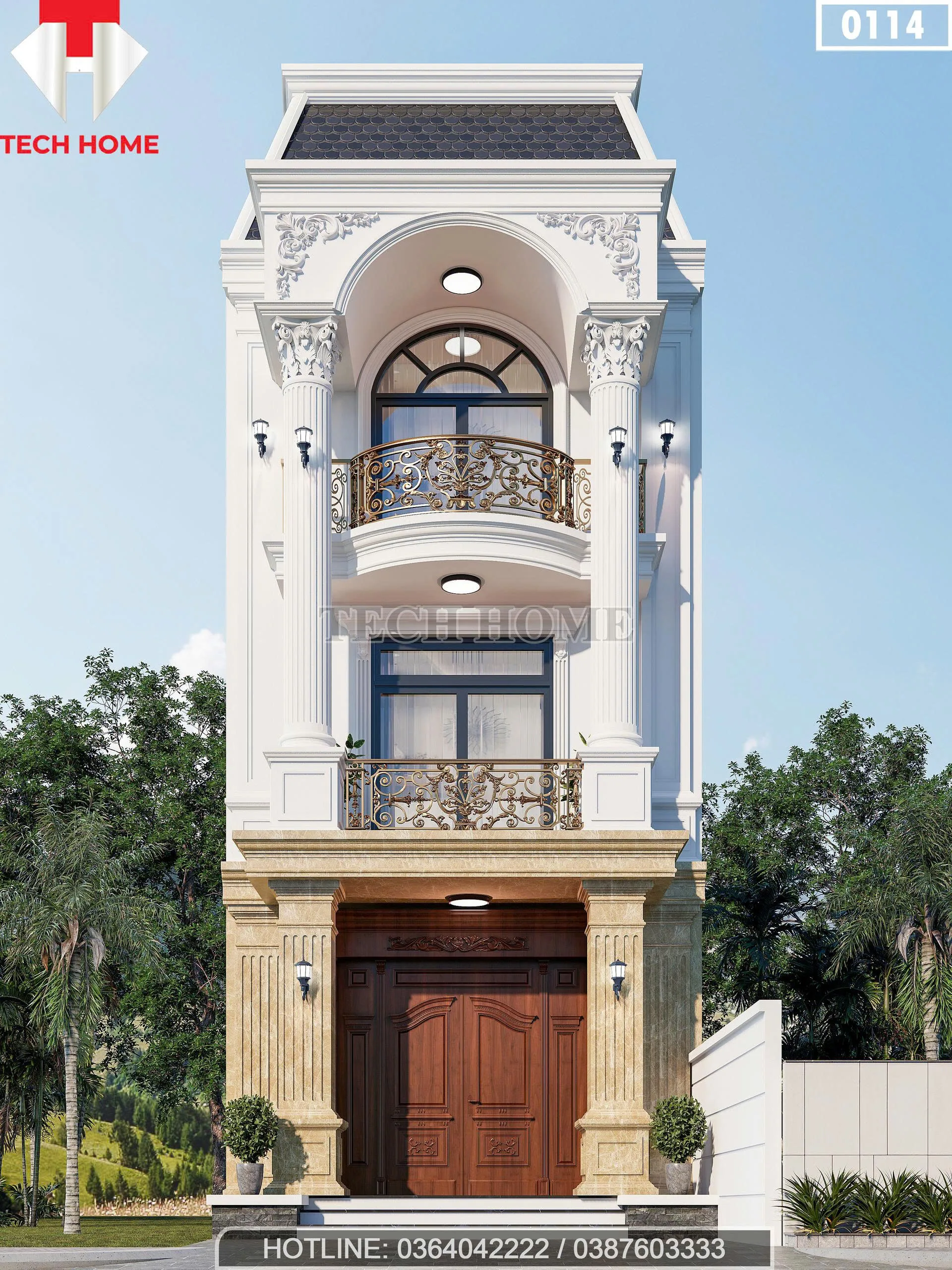 Phối cảnh chính diện mẫu nhà phố tân cổ điển 3 tầng mặt tiền 5m sang trọng tại Ngọc Hồi Hà Nội.