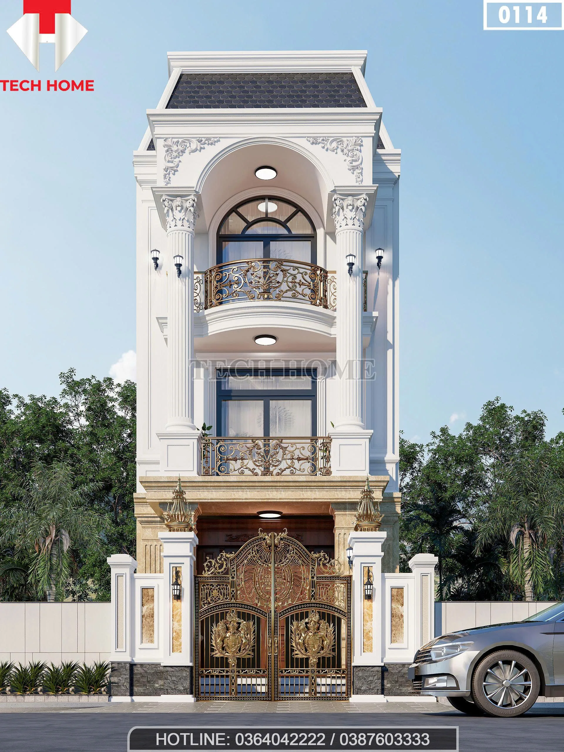 Tổng thể mẫu nhà phố tân cổ điển 3 tầng với cổng nhôm đúc nghệ thuật