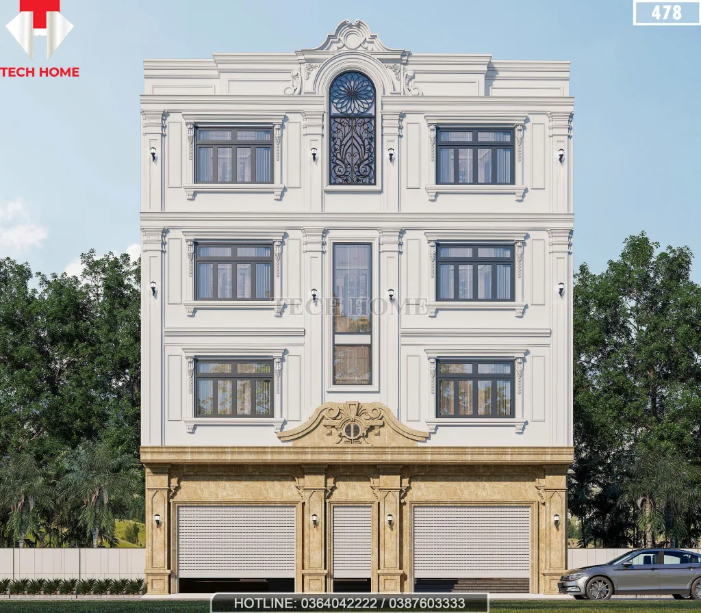 Phối cảnh mặt tiền chính diện mẫu nhà phố tân cổ điển 4 tầng tại Bảo Yên, Lào Cai.