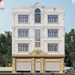 Phối cảnh mặt tiền chính diện mẫu nhà phố tân cổ điển 4 tầng tại Bảo Yên, Lào Cai.