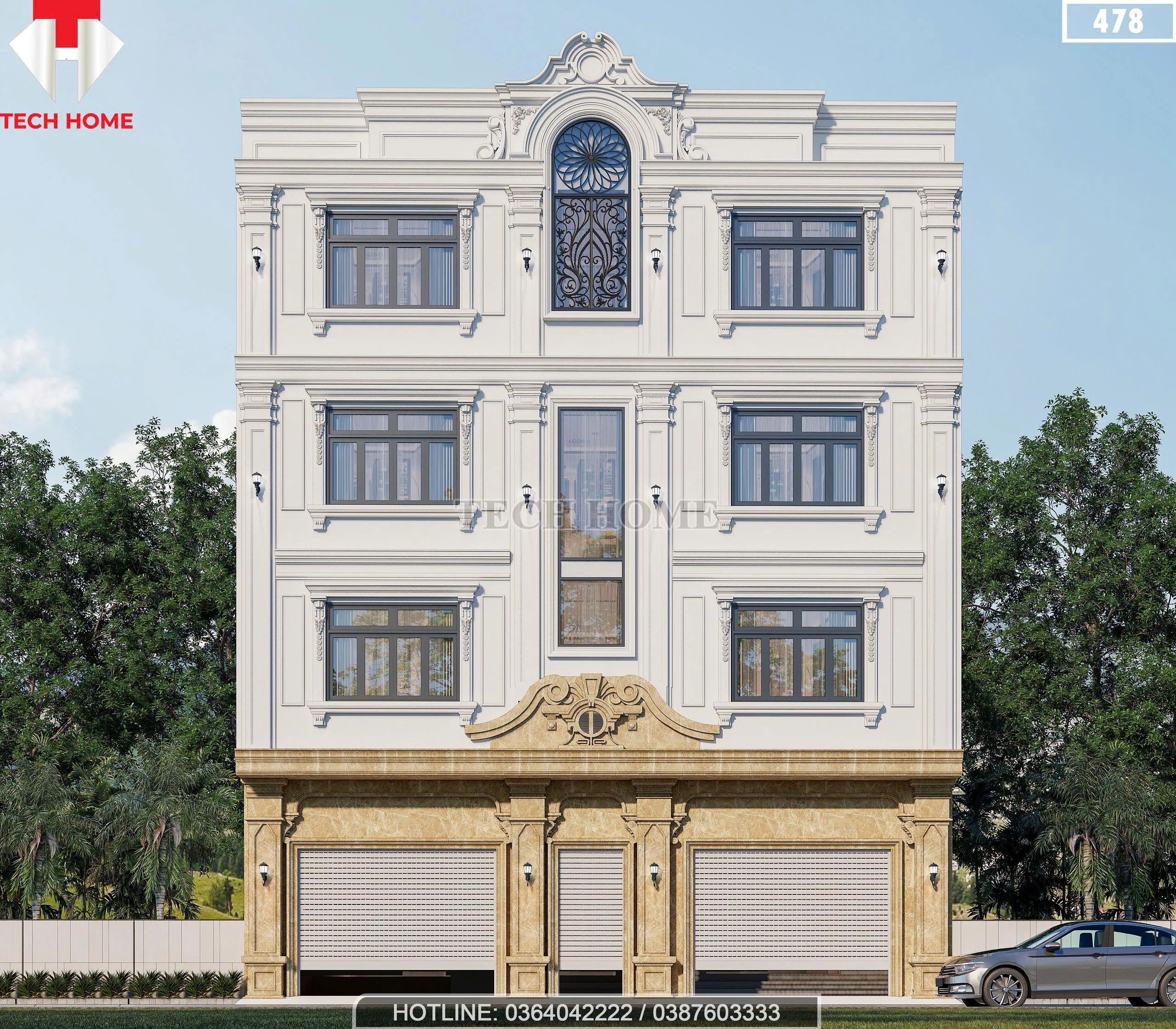 Phối cảnh mặt tiền chính diện mẫu nhà phố tân cổ điển 4 tầng tại Bảo Yên, Lào Cai.