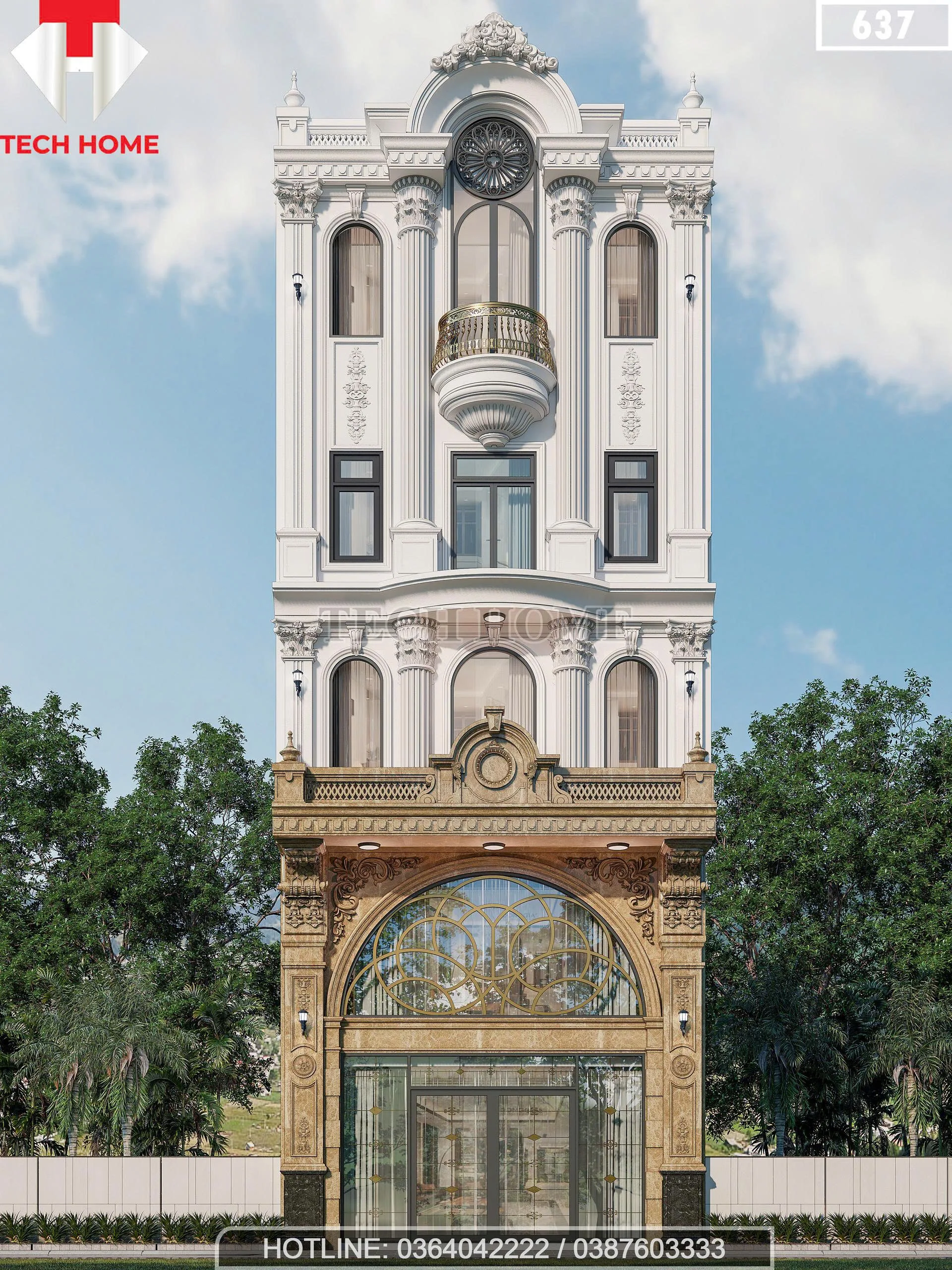 Phối cảnh mặt tiền chính diện mẫu nhà phố tân cổ điển 5 tầng sang trọng tại Bắc Ninh.