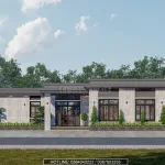 Phối cảnh nhà vườn cấp 4 mái bằng diện tích rộng phong cách tối giản đẳng cấp.