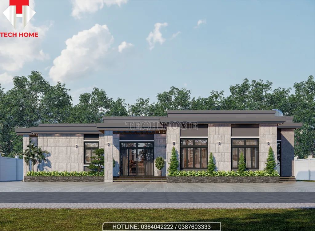 Phối cảnh nhà vườn cấp 4 mái bằng diện tích rộng phong cách tối giản đẳng cấp.