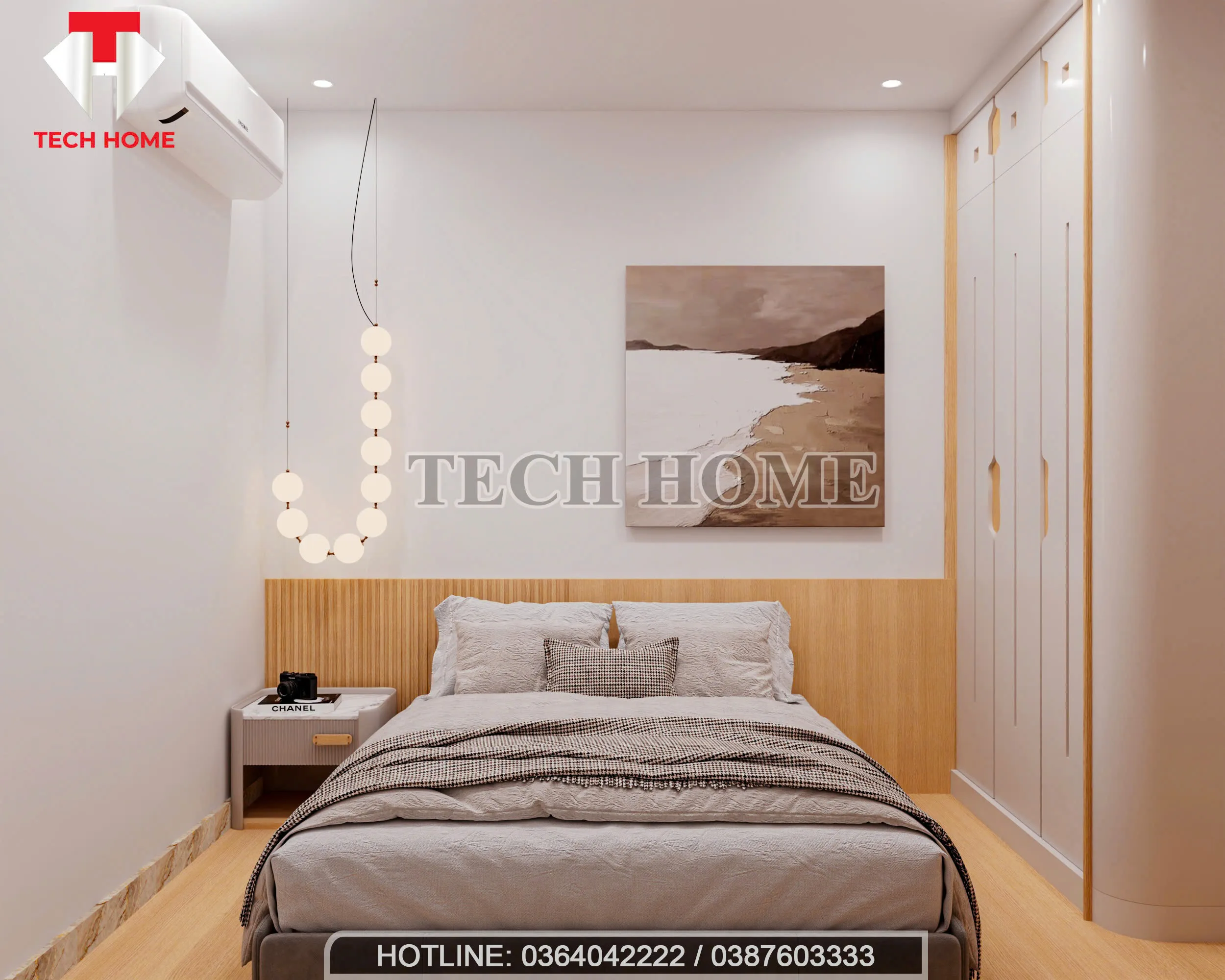 Mẫu nội thất phòng ngủ Master tối giản với tông màu trung tính và ánh sáng dịu nhẹ.