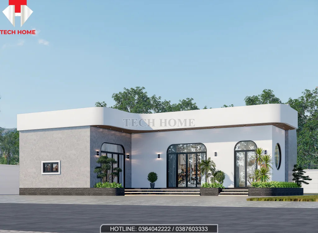 Góc nghiêng mẫu nhà cấp 4 mái bằng thiết kế theo phong cách villa nghỉ dưỡng.