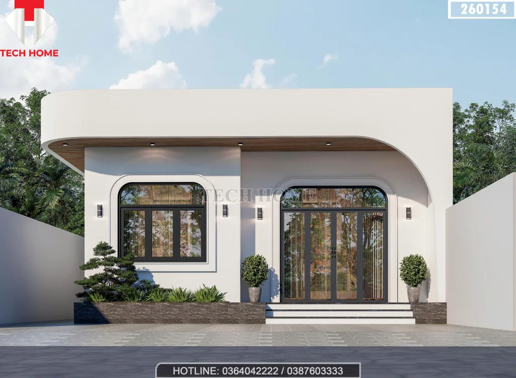 Phối cảnh chính diện nhà cấp 4 mái bằng bo cong hiện đại cực kỳ hút mắt.