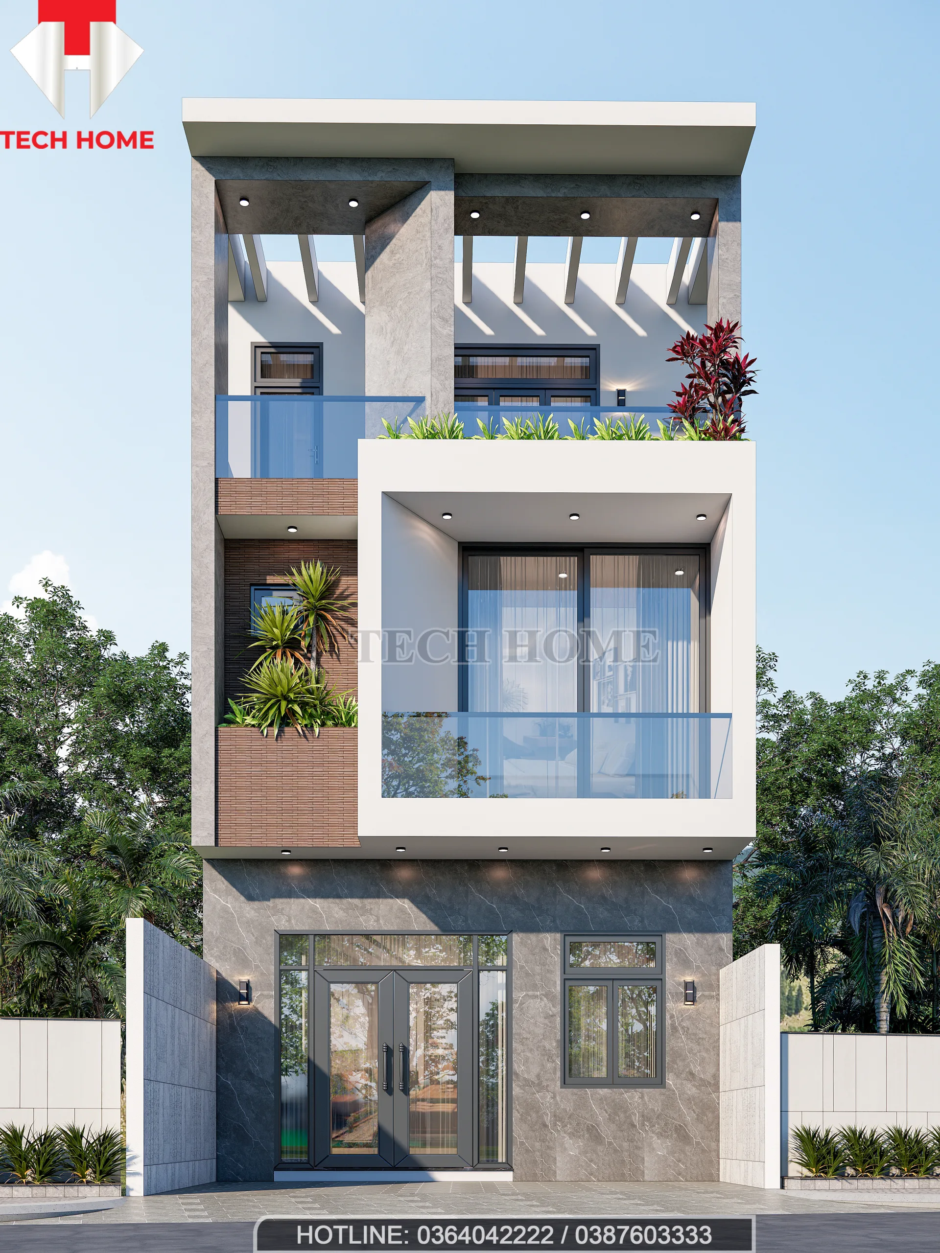 Phối cảnh mặt tiền nhà ống 3 tầng mái bằng khỏe khoắn với thiết kế khối hộp vuông vức, tầng 1 ốp đá xám và lam che nắng sân thượng.