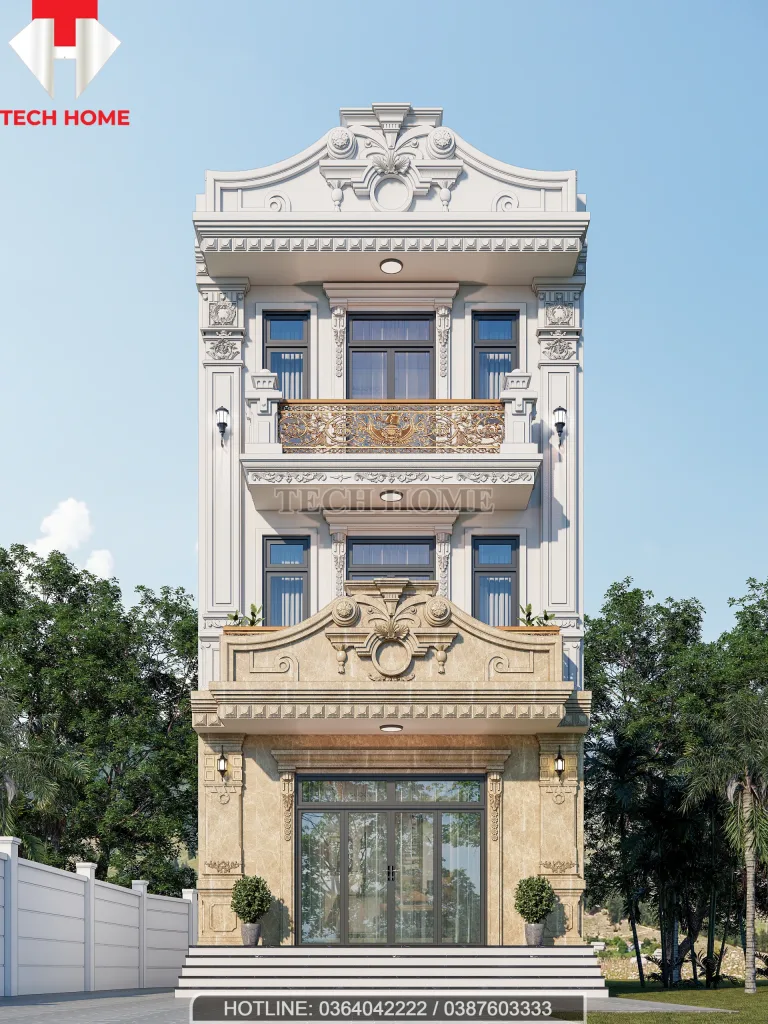 Mẫu nhà phố 3 tầng mái bằng phong cách tân cổ điển kiểu Pháp bề thế với tầng 1 ốp đá màu vàng hoàng gia lộng lẫy.