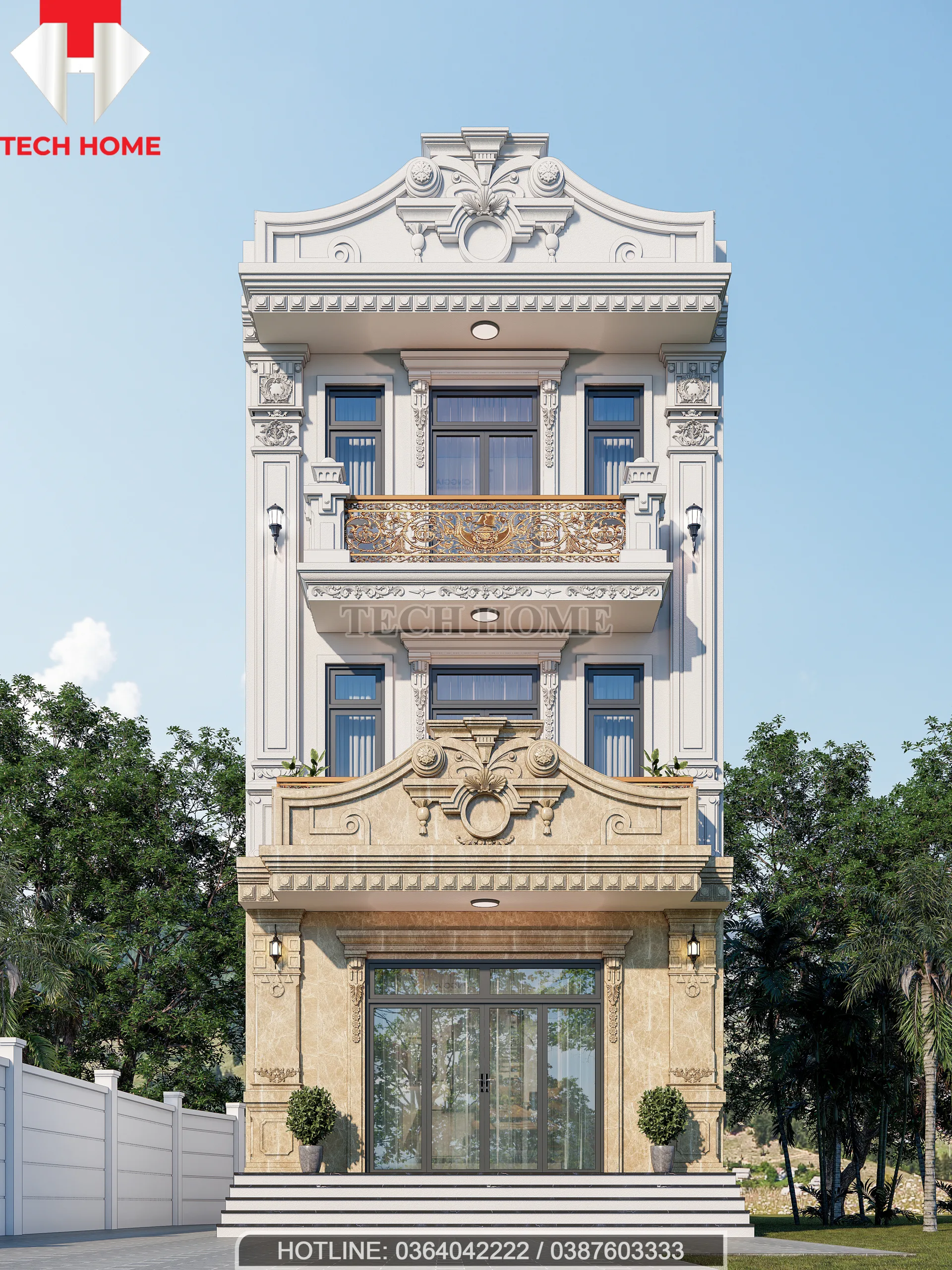 Mẫu nhà phố 3 tầng mái bằng phong cách tân cổ điển kiểu Pháp bề thế với tầng 1 ốp đá màu vàng hoàng gia lộng lẫy.