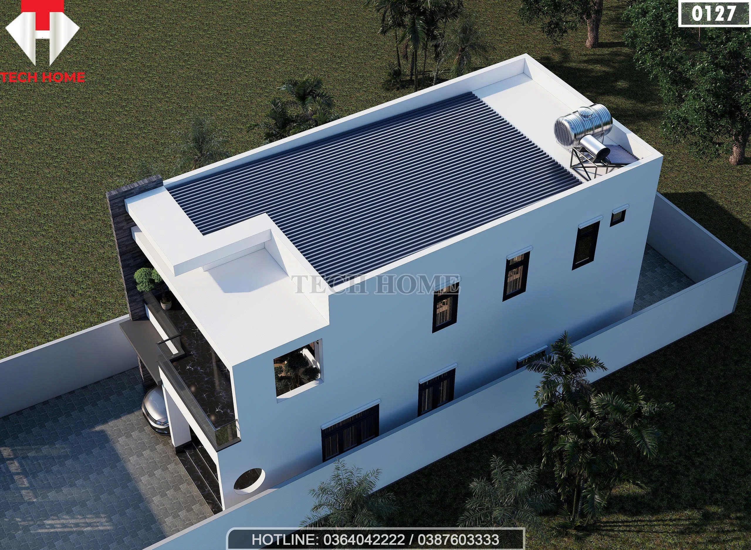 Tổng thể mẫu nhà phố 2 tầng hiện đại nhìn từ trên cao với hệ thống mái bằng và bồn nước.