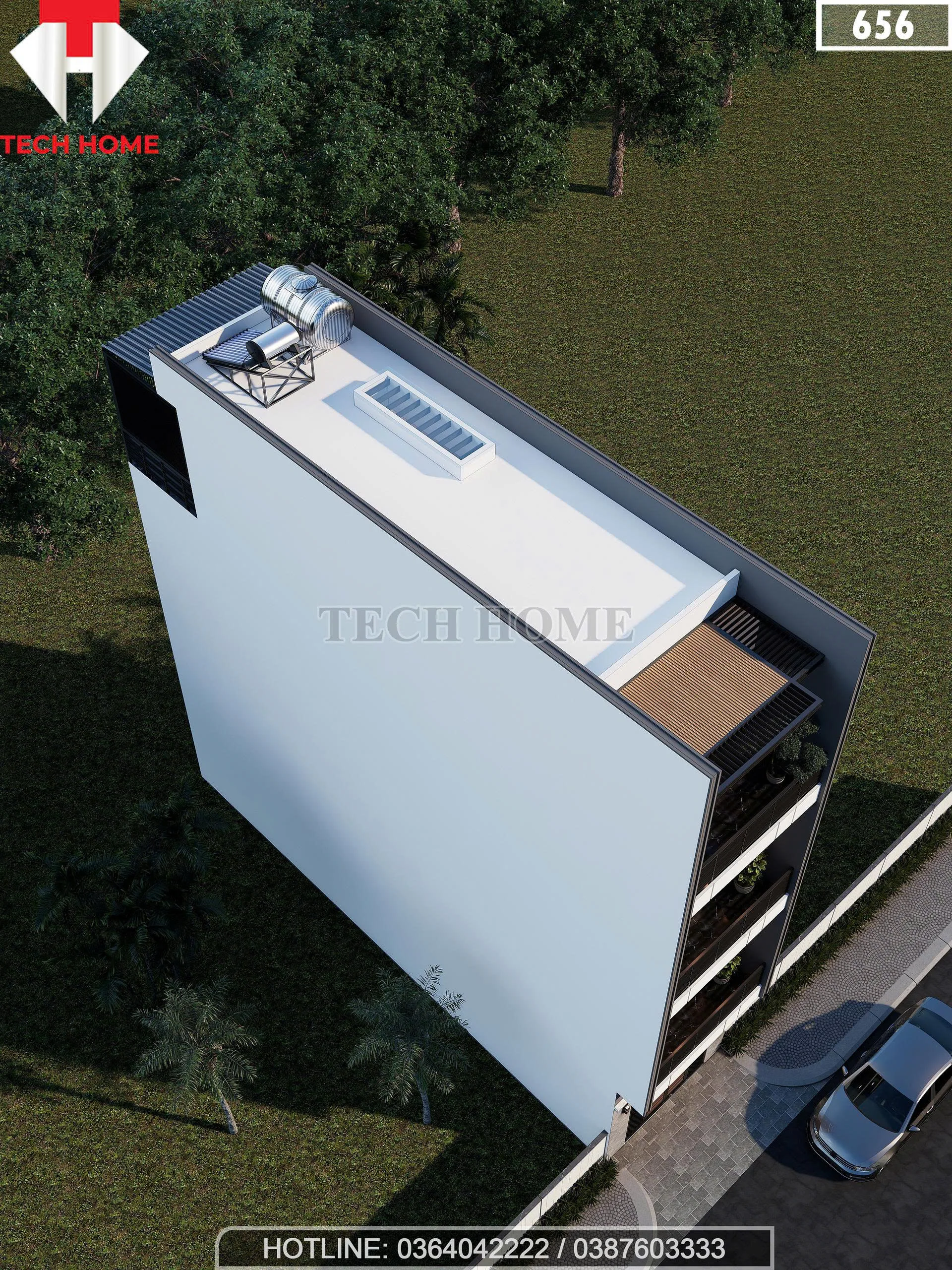 Tổng thể mẫu nhà phố 4 tầng 4x15m hiện đại với hệ mái bằng và giếng trời lấy sáng từ trên cao.