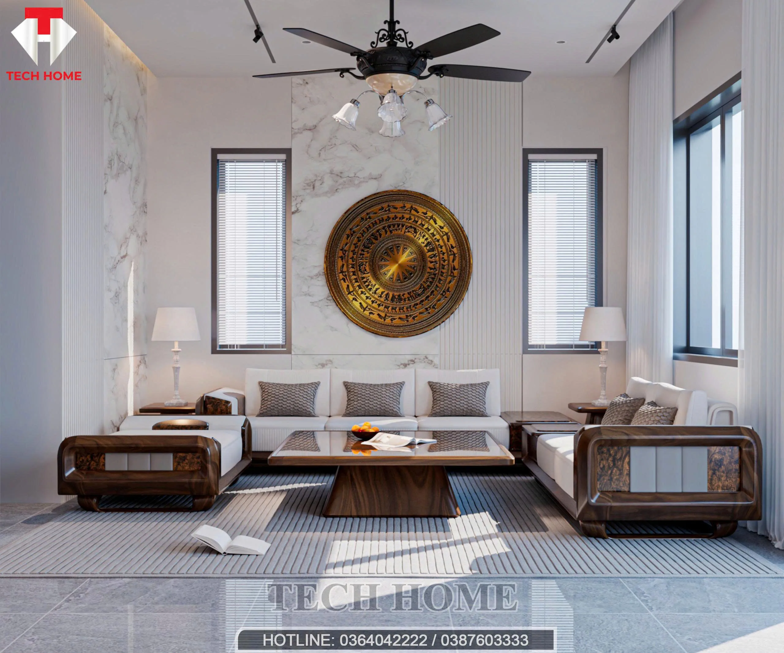 Không gian phòng khách thiết kế nội thất hiện đại mẫu nhà cấp 4 với tranh trống đồng và sofa gỗ bề thế.