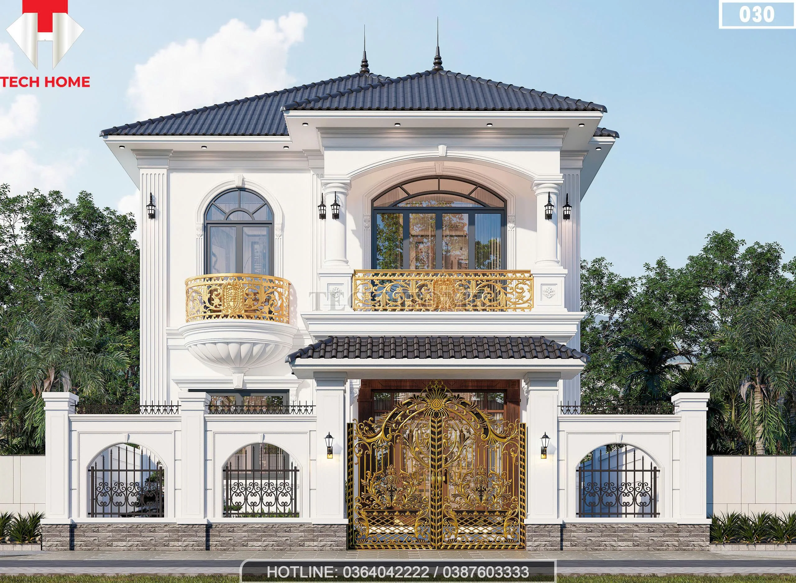 Mẫu cổng và hàng rào nhôm đúc cho mẫu nhà 2 tầng mái Nhật tân cổ điển bề thế.