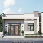 Mẫu mặt tiền nhà cấp 4 mái bằng ốp đá trang trí và gạch thẻ xám hiện đại.