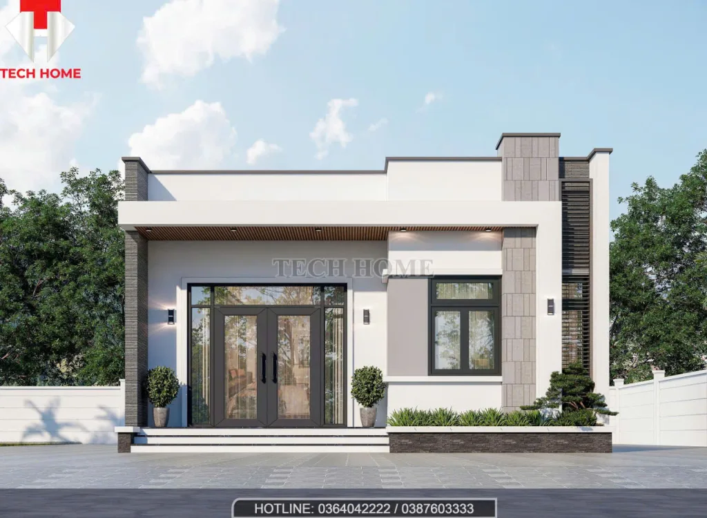 Mẫu mặt tiền nhà cấp 4 mái bằng ốp đá trang trí và gạch thẻ xám hiện đại.