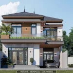 Mẫu nhà 2 tầng mái nhật hiện đại sử dụng lan can kính cường lực thoáng đạt.