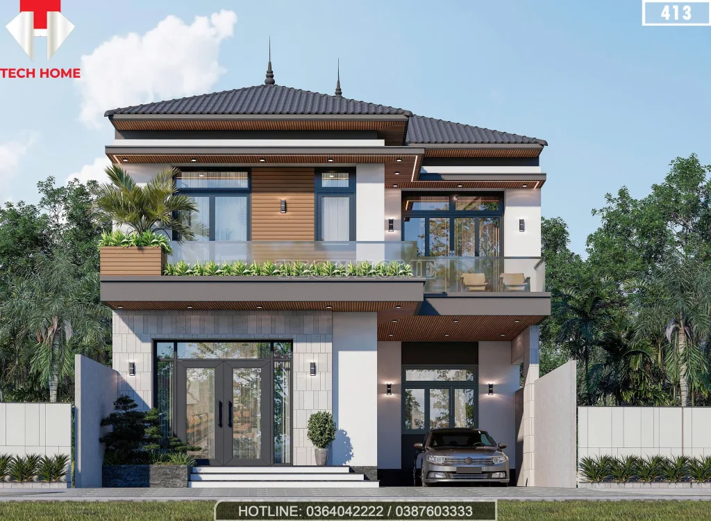 Mẫu nhà 2 tầng mái nhật hiện đại sử dụng lan can kính cường lực thoáng đạt.