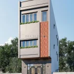 Phối cảnh góc nghiêng mẫu nhà ống 3 tầng đẹp với mảng tường ốp gạch trang trí nổi bật.